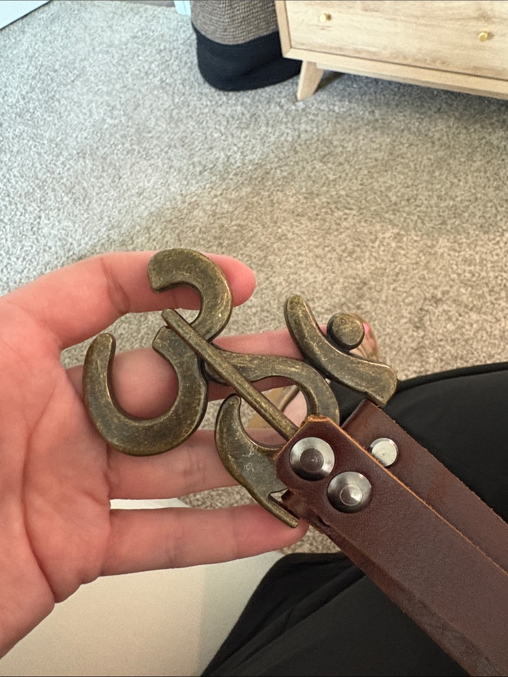OM symbol-Brown Leather Belt with Antiqued Brass Statement Buckle - Picture 2 of 5